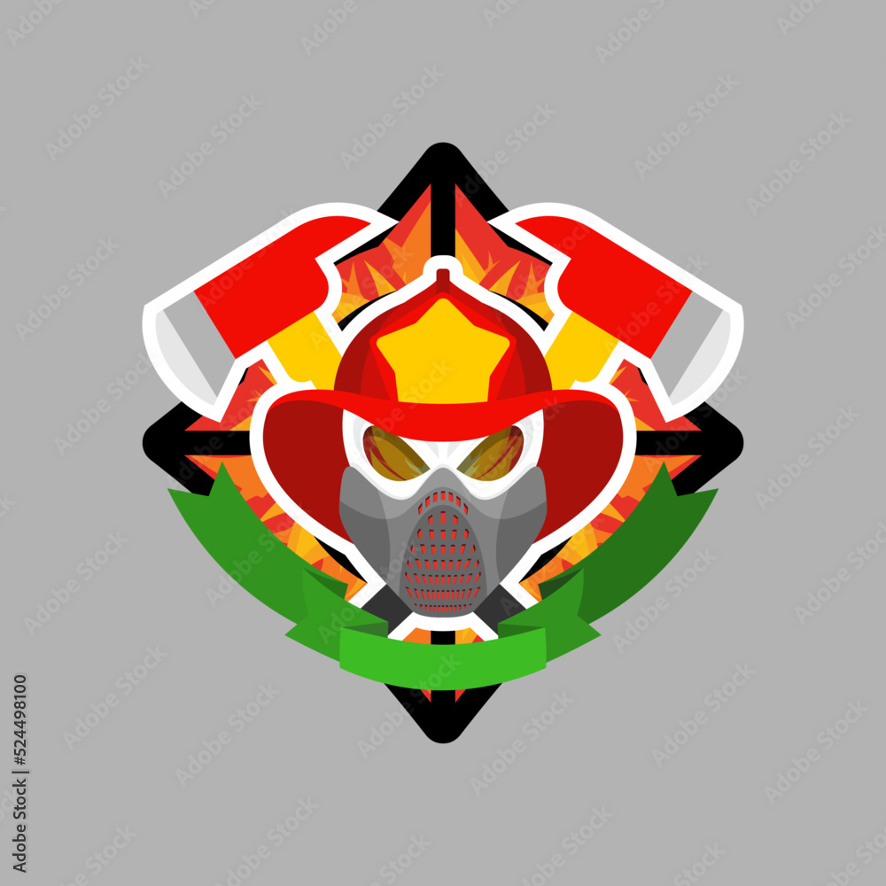 Firefighter Skull in helmet sign. Fire ax and flame. Fire department