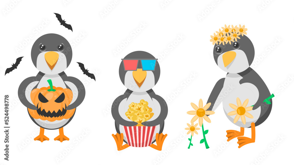Obraz premium Set Abstract Collection Flat Cartoon Different Animal Penguins Watching A Movie With Popcorn, With A Pumpkin And Bats Around, Picking Flowers Vector Design Style Elements Fauna Wildlife
