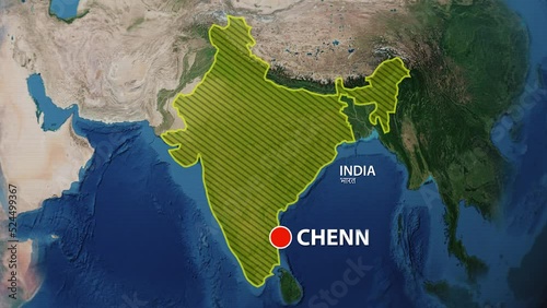Designation of the borders of India on the map and the mark of the location of the city of Chennai
