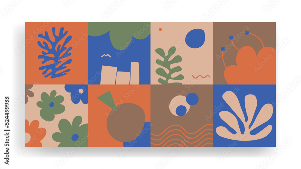 Colorful hand drawn repeatable abstract patterns include floral, botanic patterns and geometric organic shapes. Minimal monochromatic trendy abstract graphic elements. Vector illustration.