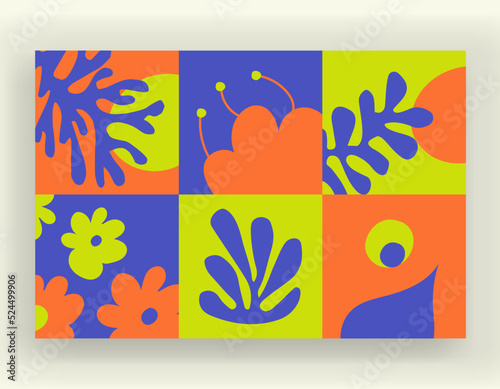 Colorful hand drawn repeatable abstract patterns include floral, botanic patterns and geometric organic shapes. Minimal monochromatic trendy abstract graphic elements. Vector illustration.