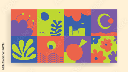 Colorful hand drawn repeatable abstract patterns include floral, botanic patterns and geometric organic shapes. Minimal monochromatic trendy abstract graphic elements. Vector illustration.