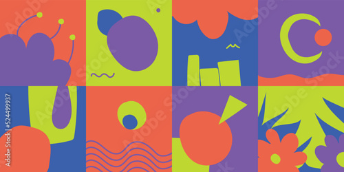 Colorful hand drawn repeatable abstract patterns include floral, botanic patterns and geometric organic shapes. Minimal monochromatic trendy abstract graphic elements. Vector illustration. © PTC STOCK