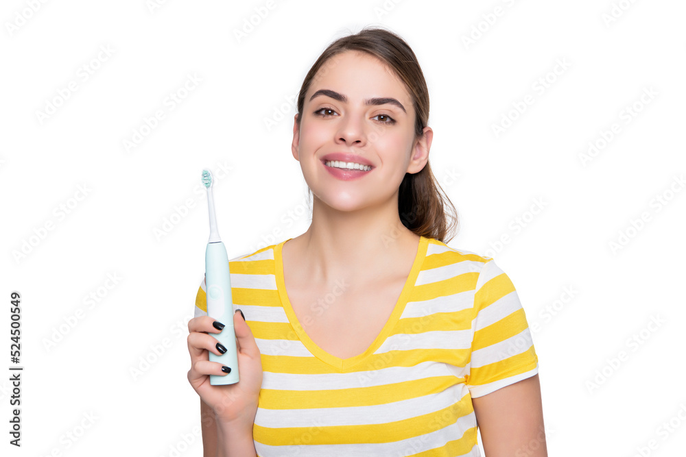 happy woman with electric toothbrush isolated on white background happy woman with electric toothbrush isolated on white background