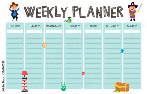 Vector set of weekly planner, to do list, note, wish list, goals background with doodle pirate print. School planner with doodle sketch. A map with a hand-drawn sketch of pirate items, lighthouse