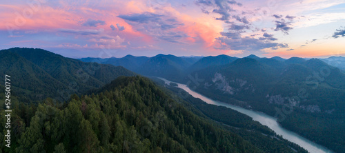 Landscape panorama in Altai mountains, Katun river with sunset, areal view from above