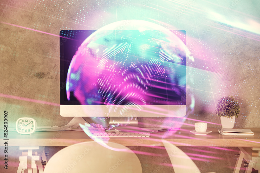Double exposure of tech theme drawings and office interior background. Technology concept. Double exposure of tech theme drawings and office interior background. Technology concept.