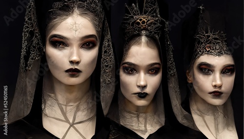 Fotografie, Obraz A 3D Illustration of a Triplets Dark Psycho woman with a black dress and black l