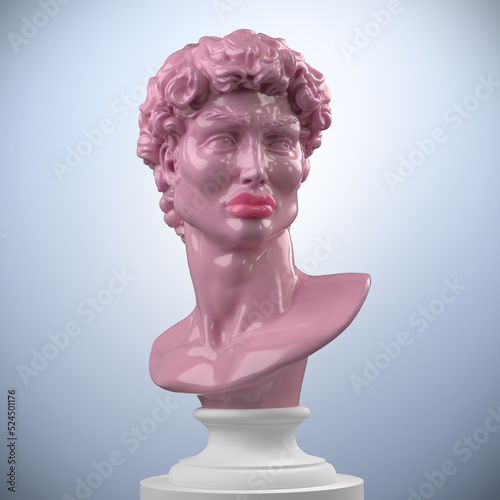 Abstract funny illustration from 3D rendering of a pink silicone classical male head sculpture with facial cosmetic surgery augmentation on a white pedestal and isolated on background.