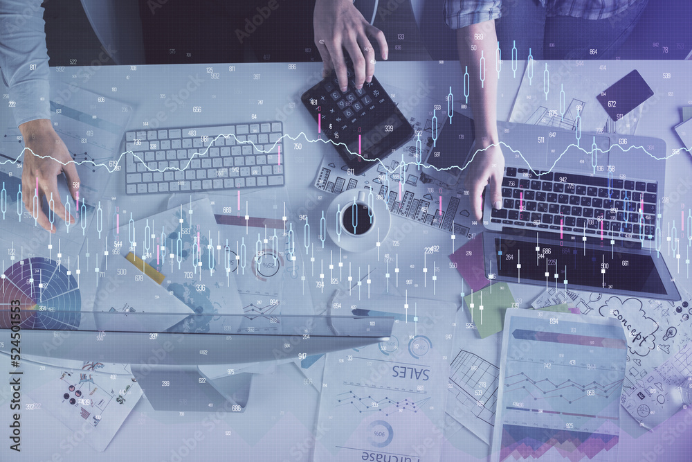 Multi exposure of man and woman working together and financial chart hologram. Business concept. Computer background.