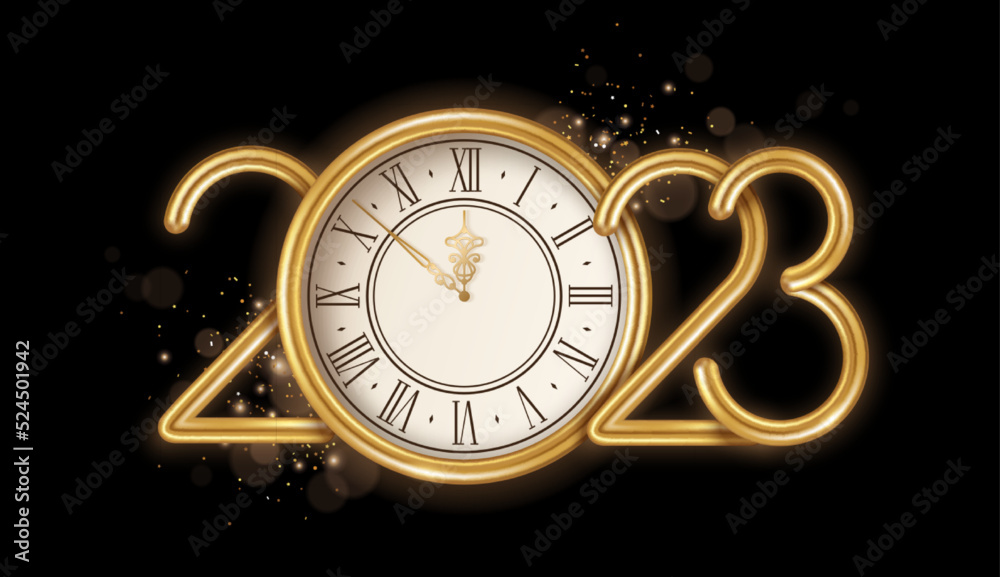 Gold Happy New Year 2023 logo with clock face and burst glitter ...