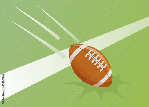 Touchdown of ball in American football with trajectory on playing field near line. American football Sport accessories. Flying, bounce ball. Rugby equipment. Game symbol. Vector concept illustration