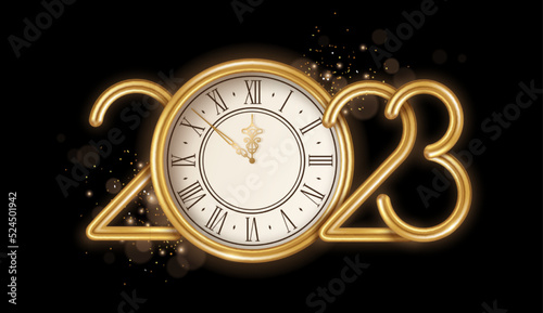 Gold Happy New Year 2023 logo with clock face and burst glitter sparkles on black background. Vector illustration. Merry Christmas template design for posters, flyers, brochures or vouchers