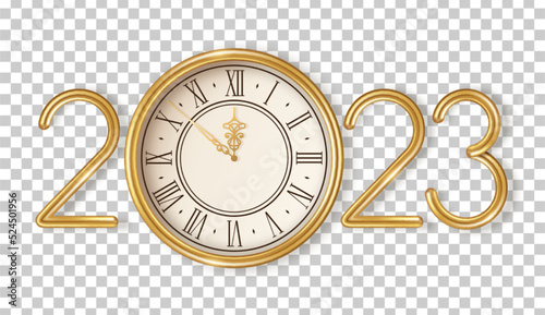 Happy New Year logo 2023 shining with gold vintage clock on transparent background. Vector illustration. Party countdown watch face. Christmas typography template for poster, flyer, brochure voucher
