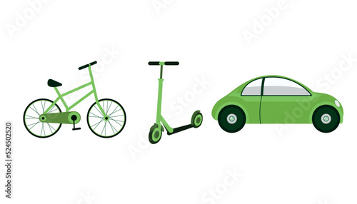 Electric transportation illustration set.  Electric car, bike, scooter . Eco friendly vehicle concept. Vector illustration.