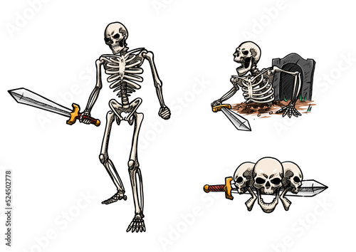 Hand Drawn Halloween Ghost Skeleton Skull with Sword