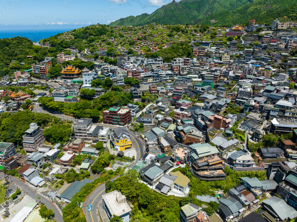 Drone fly over Jiufen of Taiwan