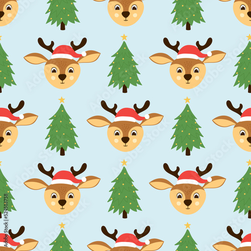 Seamless pattern of cute deer head and christmas tree. Background for Christmas design. 