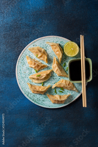 Steamed Gyoza or dumpling stuffed fish top view, Chinese food on plate dark surface