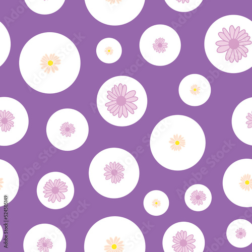 Pink, yellow daisies ditsy in bubbles, seamless pattern design.