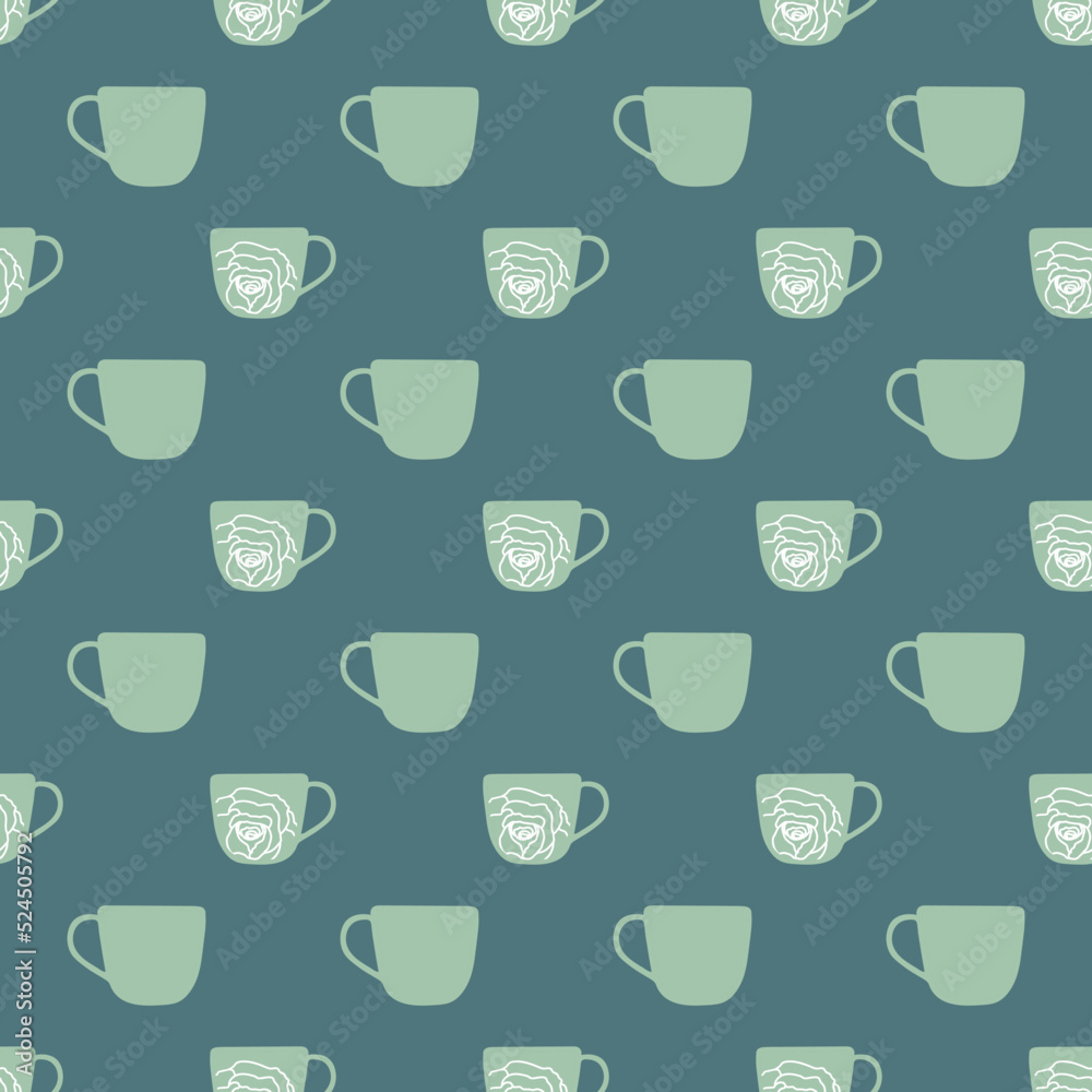 Green cups with white flowers seamless pattern print background. Green cups with white flowers seamless pattern print background.