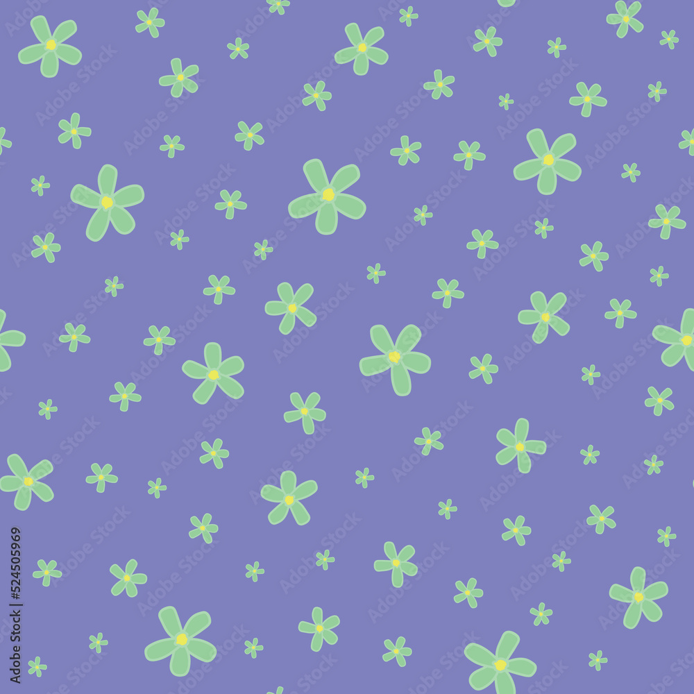 Green daisies ditsy on blue background, seamless pattern design. Green daisies ditsy on blue background, seamless pattern design.
