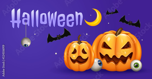 Happy Halloween banner. Purple festive banner with 3d spooky pumpkins, bats, moon and eyeball. Vector illustration. 
