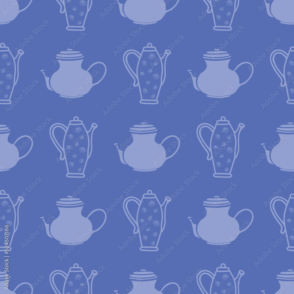 Blue teapots seamless pattern print background design. Blue teapots seamless pattern print background design.