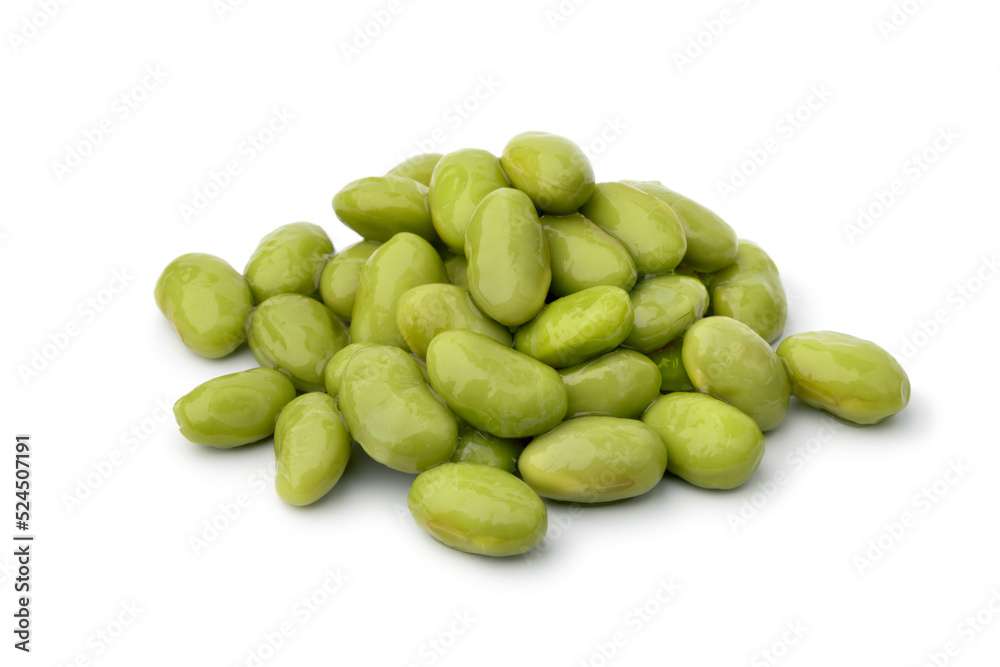 Heap of preserved steamed edamame beans isolated on white background Heap of preserved steamed edamame beans isolated on white background