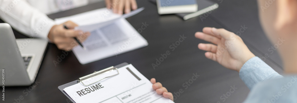 Job interview, Employer or recruiter is interviewing and taking the applicant's work history, Specialized Functional Ability Test, Business conversation, Manager resource employment and recruitment.. Job interview, Employer or recruiter is interviewing and taking the applicant's work history, Specialized Functional Ability Test, Business conversation, Manager resource employment and recruitment..