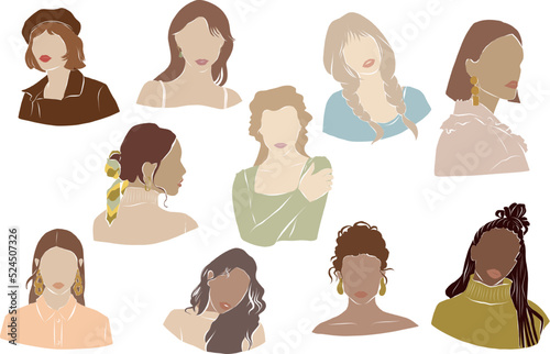 Set of vector hand drawn illustration of girls and women portraits