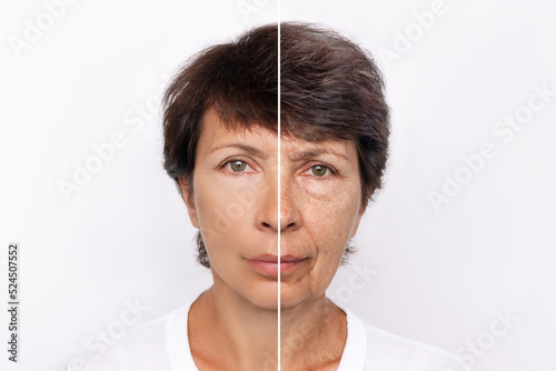 Comparison of young and aged woman's face. Youth, old age. The process of aging and rejuvenation, the result years later. Beauty treatments and lifting. Age-related changes, appearance of wrinkles