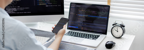 Canvas-taulu Professional development programmers are using mobile phones to test the functionality of their applications after programming, Write data or code for websites and applications,  HTML, javascript
