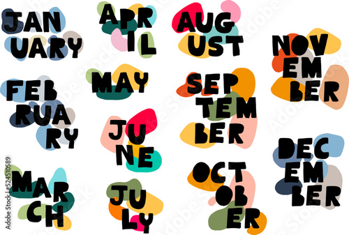 Set of hand drawn lettering with names of months and doodles. Hand written months titles for print, invitation or greeting cards, brochures, poster, calender, planner, diary, t-shirts, mugs.