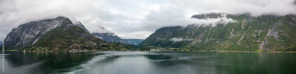 Panorama view of the Hardanger Fjord near Eidfjord Vestland in Norway (Norwegen, Norge or Noreg)