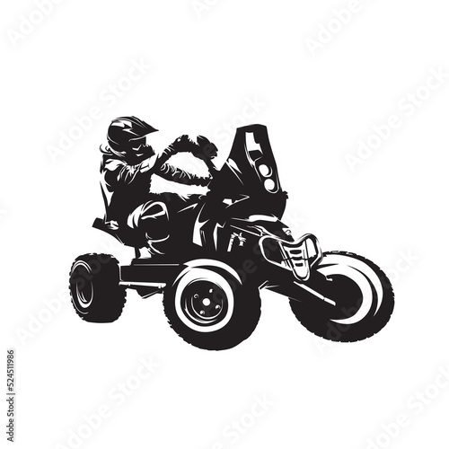 Quadbike isolated vector silhouette, atv racing. Rally with quad logo, side view
