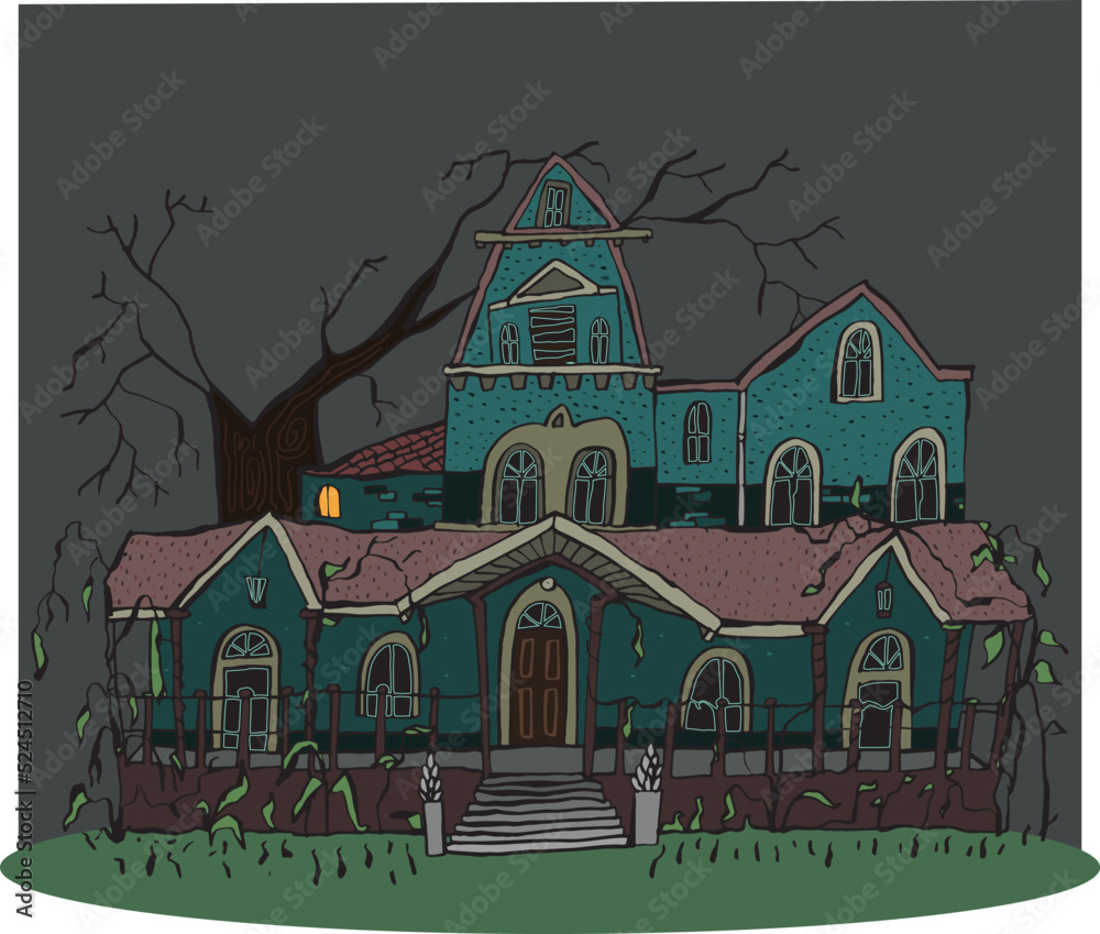 mysterious Victorian villa, abandoned house with a curious little light on in a small room in the attic, with trees with scary branches, night landscape