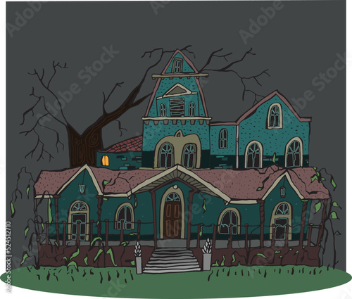 mysterious Victorian villa, abandoned house with a curious little light on in a small room in the attic, with trees with scary branches, night landscape