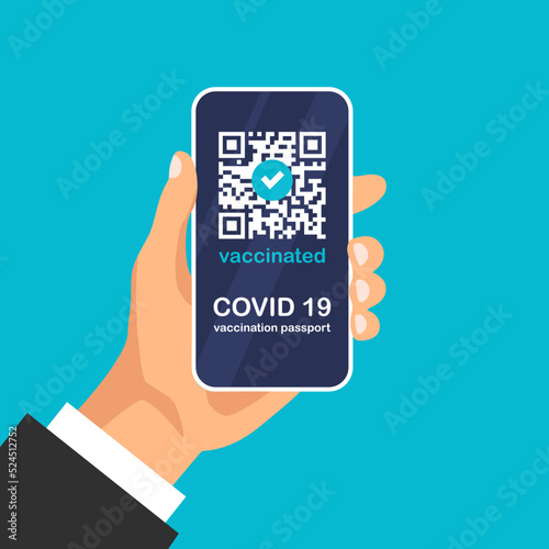 Hand holds Covid-19 vaccination passport app. Certificate with QR code on smartphone screen. UI template. Vector illustration in trendy flat style.	