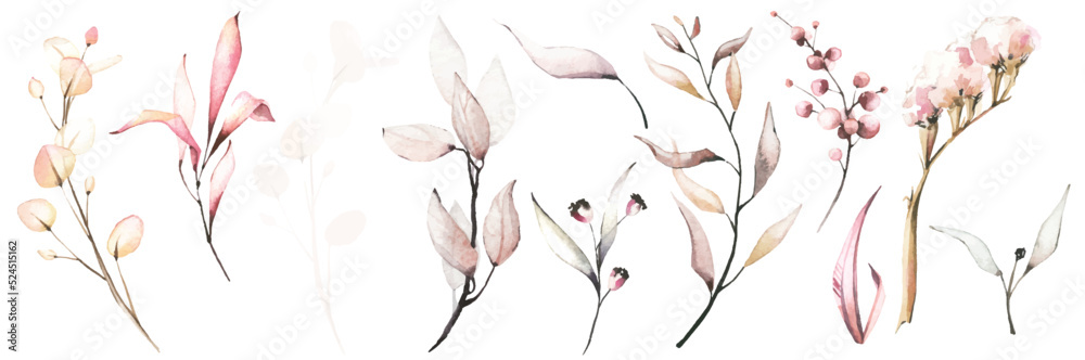 Fototapeta Watercolor greenery set of light pink, orange