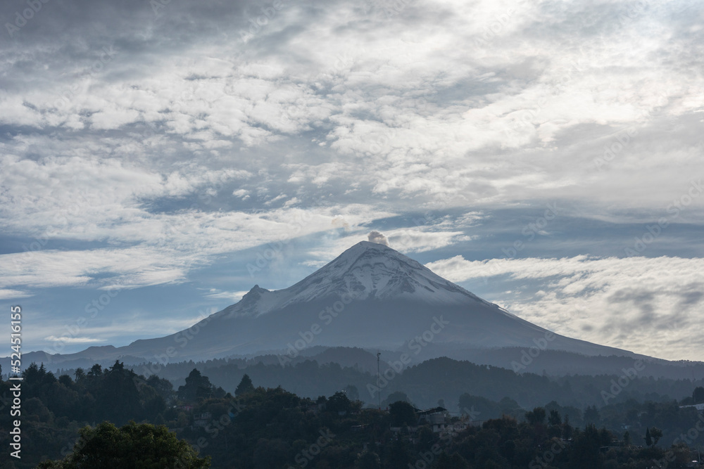 Popocatepetl volcano seen in the morning from a town in the state of Mexico, sunrise in the province Popocatepetl volcano seen in the morning from a town in the state of Mexico, sunrise in the province