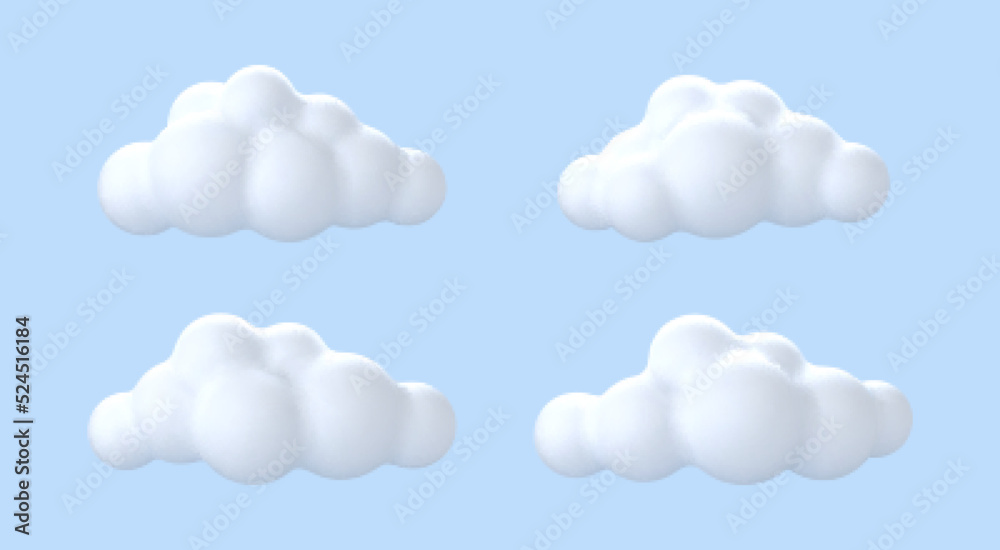 3D white clouds isolated on blue background.  Round cartoon cloud icons. Vector 3d illustration.
