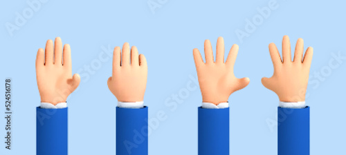 Vector cartoon open palm, hello gesture. Five fingers, hello palm isolated on blue background. 3D cartoon hand goodwill gesture.