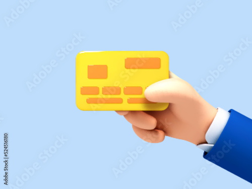 3D cartoon hand of businessman holds debit or credit card. Concept of contactless payment or online shopping and online banking. Vector 3d illustration