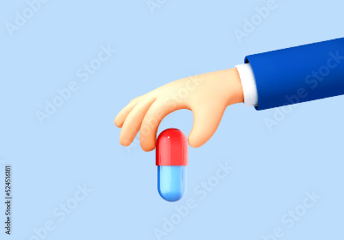 3D Cartoon human hand holding medicine capsule. Medical healthcare concept. Vector 3d illustration