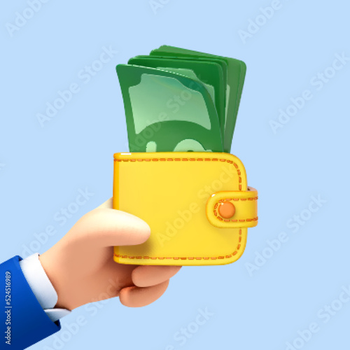 3D cartoon hand holding wallet with dollars bills. Payment concept. Illustration for business web design. Vector 3d illustration