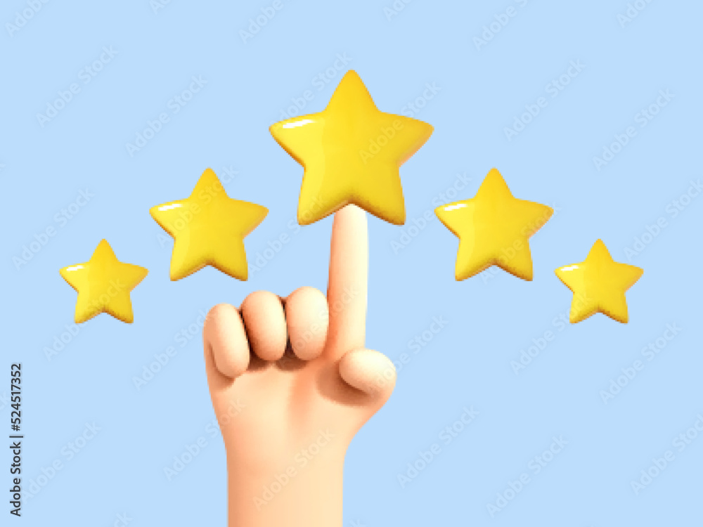 3D cartoon hand touching five star symbol to increase rating. Finger pointing to five star rating. Feedback, reputation and quality concept. Customer review concept. 3D cartoon hand touching five star symbol to increase rating. Finger pointing to five star rating. Feedback, reputation and quality concept. Customer review concept.