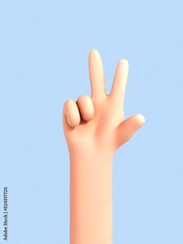 3D cartoon human hand showing two fingers isolated on blue background. Love and peace. Peace gesture hand icon. Vector 3d illustration. 3D cartoon human hand showing two fingers isolated on blue background. Love and peace. Peace gesture hand icon. Vector 3d illustration.