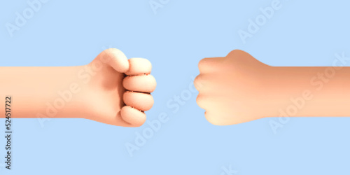 3D cartoon human hands making fist bump isolated on blue background. Vector 3d illustration.