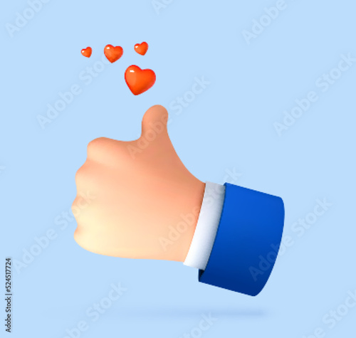 3D cartoon thumb up hand gesture isolated on blue background. Hand thumb up or like sign. Social media concept. Vector 3d illustration